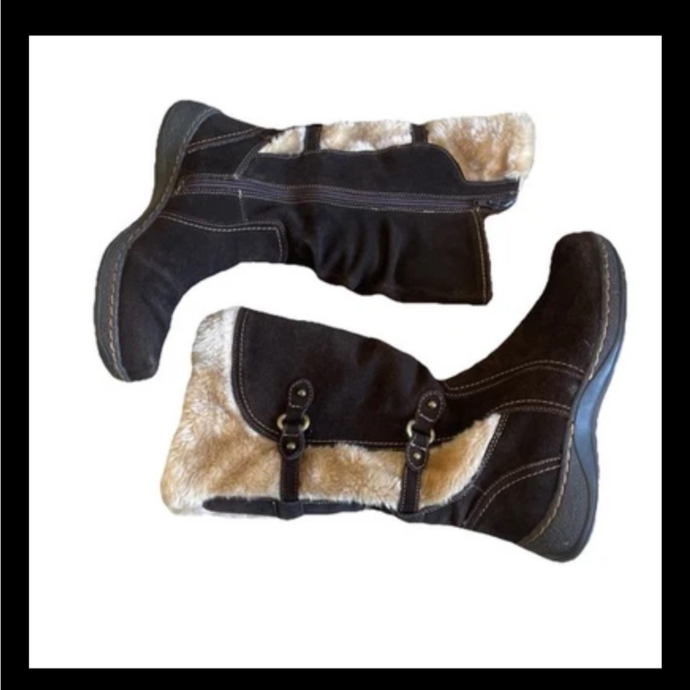 St John's Bay Brown leather & faux fur boots buckles full zip Size 9.5M